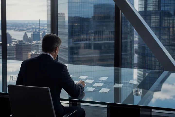 Professional planning an authority and visibility strategy at a glass table