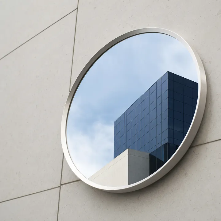 Circular architectural mirror reflecting a modern blue building